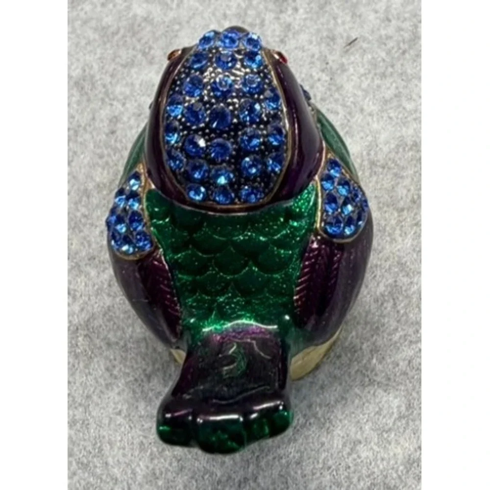 Enamel Bird Trinket Box Jeweled Rhinestone Hinged Collectible Purple Green Gold